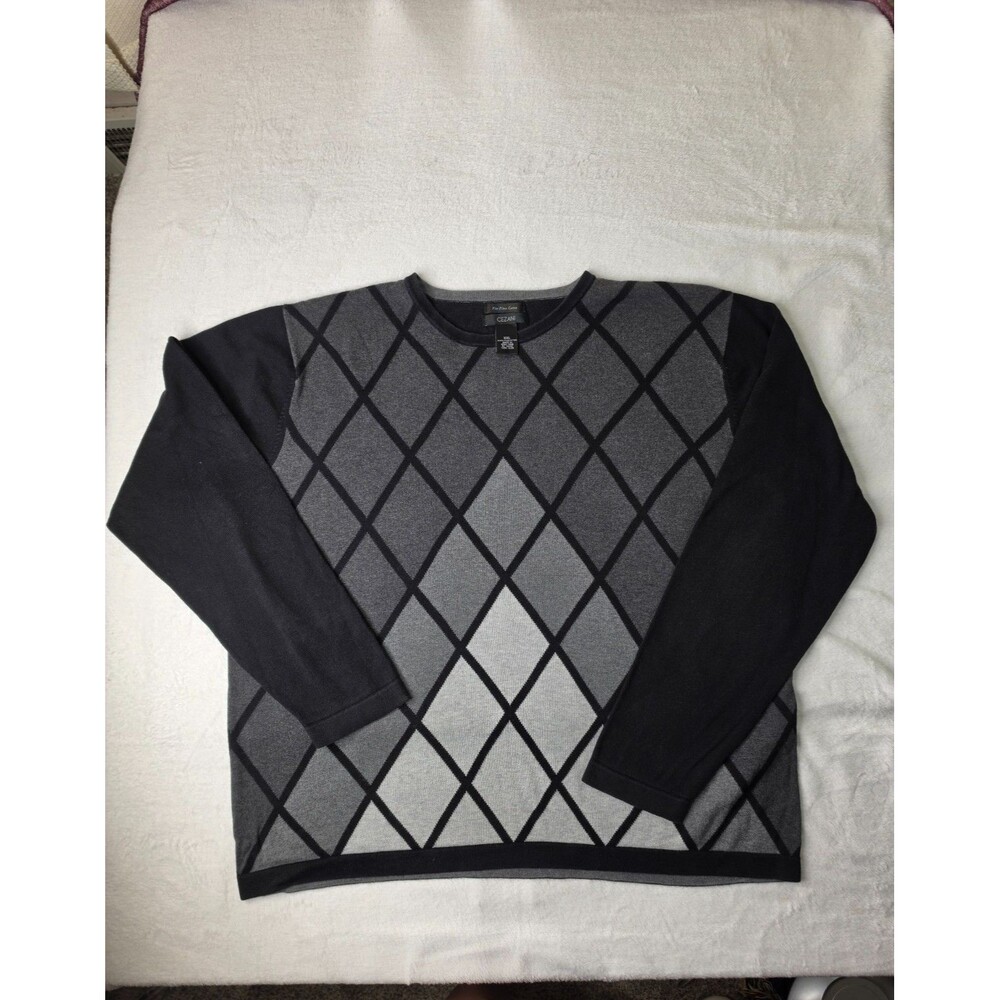 Cezani Mens Gray and Black Argyle Pattern Long Sleeve Crew Neck Size XXL